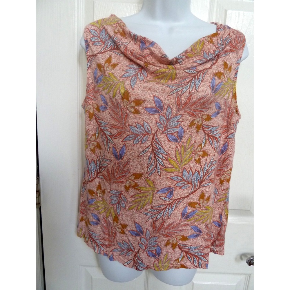 Nicole Miller Women Large Linen Sleeveless Top Waterfall Neck Floral Blouse
